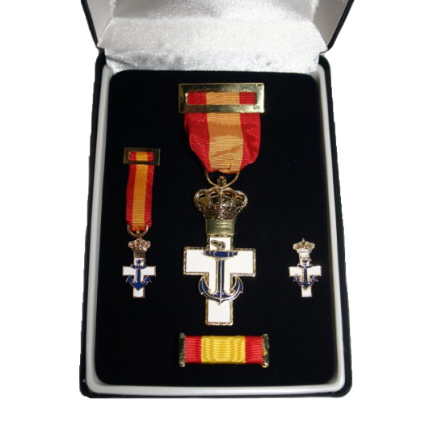 ESTUCHE MEDALLA CRUZ MERITO NAVAL DISTINTIVO BLANCO + PASADOR + PIN + MINIATURA