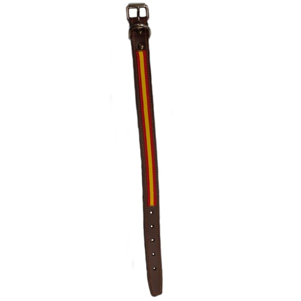 COLLAR DE PERRO CUERO MARRON CHOCOLATE  CON BANDERA ESPAÑA 46 x 2,4cm