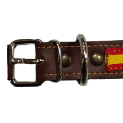 COLLAR DE PERRO CUERO MARRON CHOCOLATE  CON BANDERA ESPAÑA 46 x 2,43cm