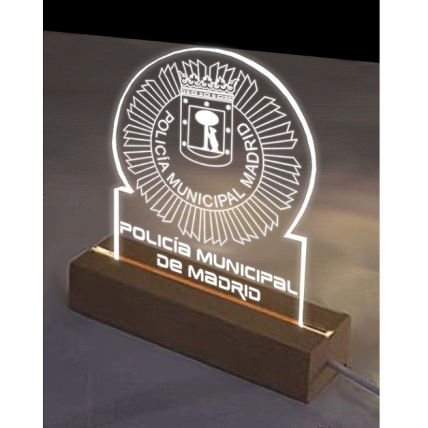 LAMPARA METACRILATO POLICIA MUNICIPAL MADRID BASE MADERA CON ESTUCHE DE LUJO (PERSONALIZABLE)