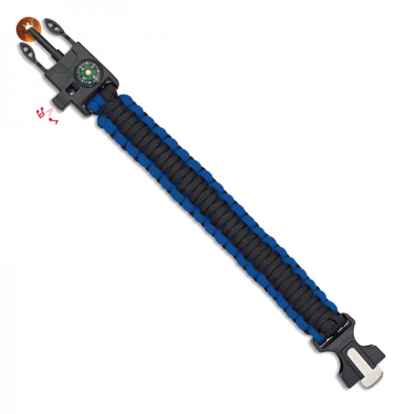 PULSERA PARACORD AZUL / NEGRO CON BRÚJULA, ENCENDEDOR Y SILBATO