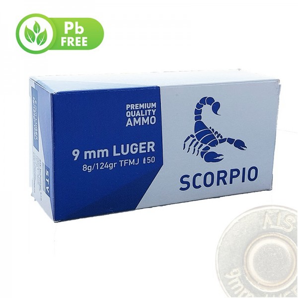 MUNICION METALICA LIBRE DE PLOMO STV ESCORPIO 9MM - 124 GRS - TFMJ (BLINDADA)